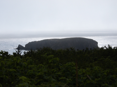 [A long rock in the middle of the water which gets slighly smaller in height from right to left. At the far left edge is a small triangle of rock attached to it and gives the appearance of the tail of a whale.]